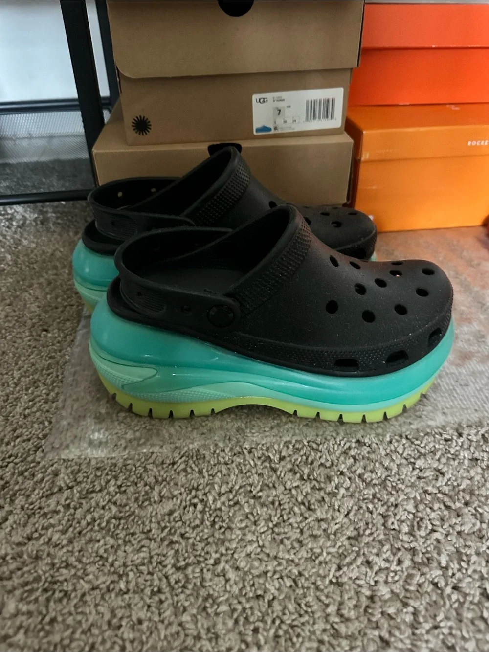 CROCS Black with Aqua and Lime Platform Clogs